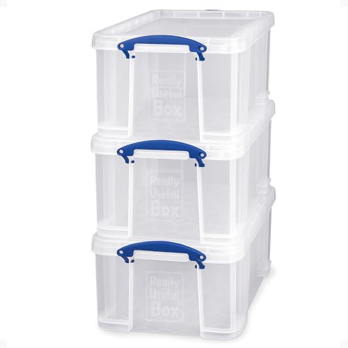 Really Useful Box 3-Pack Clear Stackable Storage Containers with Snap Lids, 32 Liters - Plastic Organizer Bins with Clip-Lock Handles for Home, Bedroom, Closet, Bathroom, Garage, and Office