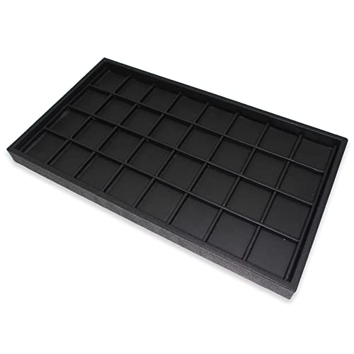 cBox CuteBox Company Black Plastic Tray (14.75” x 8.25” x 1”) with 32 Compartments Black Wooden Tray Insert for Jewelry Storage, Organization, Merchandise, Display