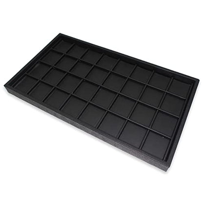 cBox CuteBox Company Black Plastic Tray (14.75” x 8.25” x 1”) with 32 Compartments Black Wooden Tray Insert for Jewelry Storage, Organization, Merchandise, Display
