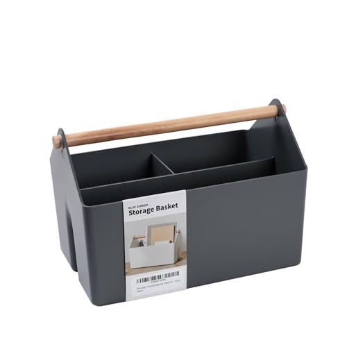 BLUE GINKGO Medium Storage Basket – Plastic Caddy with Wooden Handle for Office, Arts & Crafts, or Home Supplies (Gray) - color: GREY, size: Medium