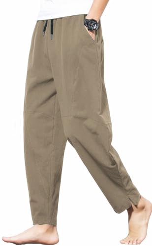 Men's Casual Cotton Linen Pants Elastic Waist Drawstring Beach Summer Lightweight Trousers - color: Army Green, size: 30