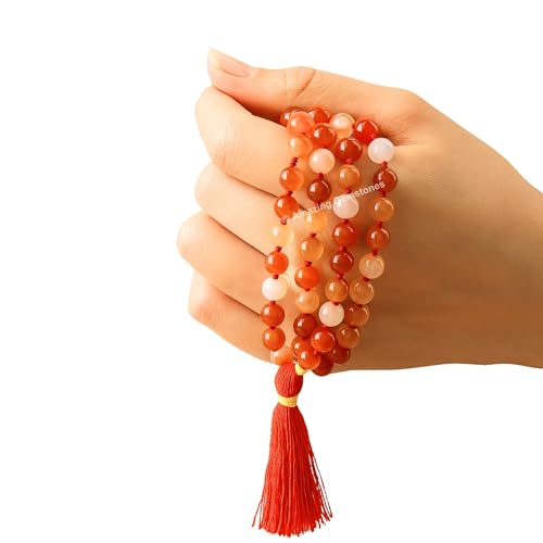 Amazing Gemstone Carnelian Mala Beads - 108 Prayer Beads for Meditation and Mindfulness Practice, Handcrafted Mala Beads with Natural Gemstones for Spiritual Healing and Relaxation (Knotted) - color: Carnelian, style: Knotted