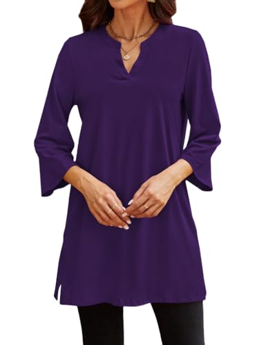Poetsky Womens Tunic Tops 3/4 Bell Sleeve Loose Fit Tunics Dressy Casual Side Split Flare Top for Leggings S-3XL - color: Dark Purple, size: Medium