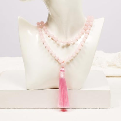 8mm Natural Stone 108 Mala Beads Necklace for Men and Women - color: Rose Quartz