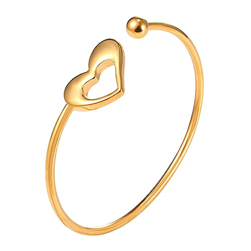 U7 Unisex Simple Cuff Bracelet 18K Real Gold Platinum Plated Fine Bracelets Fashion Jewelry Open Bangle Cuff Bracelets, Twisted or Heart Style - color: F.Heart End-18K Gold
