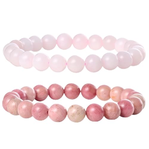 Bivei Natural Gemstone Semi Precious Healing Crystals Handmade Stretchy Round Beads Bracelet,Stocking Stuffers for Women Enhance Positive Energy - color: 8mm Rose Quartz & Rhodochrosite (Self Love), size: Small: 6.5-6.7 inch