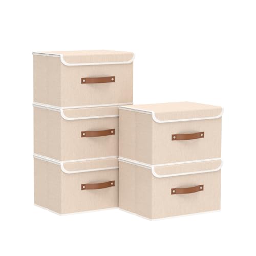 Yawinhe Collapsible Storage Boxes, Stackable Linen Fabric Baskets, Bin with lid and Leather Handle, Washable, for Home, Closet, Beige, 10.2x7.9x6.7 In, 5-Pack, SNK024BEN-5 - color: Beige, size: S/(5 Pack)