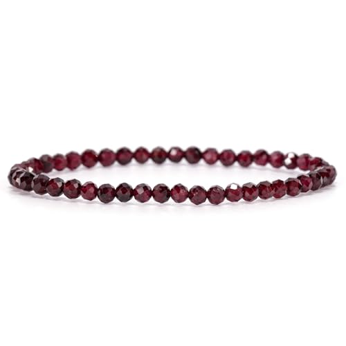 Angelstones Natural Gemstone Small Beaded Stretch Bracelet, 4mm Faceted Round Beads, Crystal Healing Bracelet for Women - color: Red Garnet