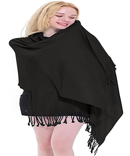 CJ Apparel Solid Color Tassels Design Nepalese Shawl Scarf Wrap Stole Throw Head Wrap Pashmina Gift Hand Made in Nepal New - color: Black