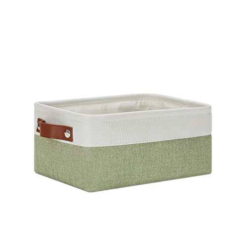 DULLEMELO Small Storage Basket, Fabric Collapsible Gift Storage Basket for Shelves, Closets, Nursery, Home, Office Organizing, Small Canvas Linen Rectangular Storage Bin with Handles (White&Green) - color: White&Green, size: Small-11.8"x7.9"x5.1"