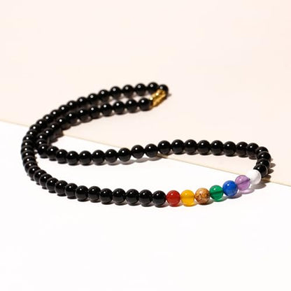 Reiki 7 Chakra Obsidian Beaded Necklace Protection Spiritual Crystals Meditation Yoga Necklaces for Women and Men Good Luck Jewelry - size: 18in