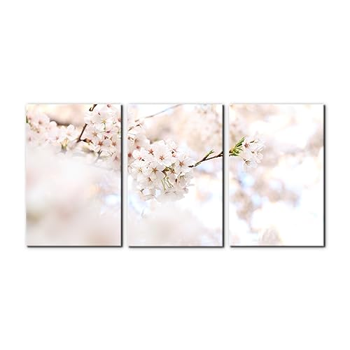 Pacimo Canvas Prints White & Pink Blooming Cherry Blossoms Picture Wall Art Framed Artwork for Living Room Bedroom Home and Office Wall Decor Stretch and Framed Ready to Hang - 16" x 24" x 3 Panels - color: Wallart-09, size: 16" x 24" x 3 panels
