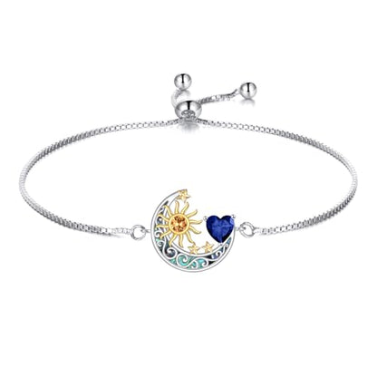 925 Sterling Silver Moon and Sun Star Adjustable Link Bracelet for Women with 12 Month Birthstone Birthday Jewelry - style: 09 - Sept.