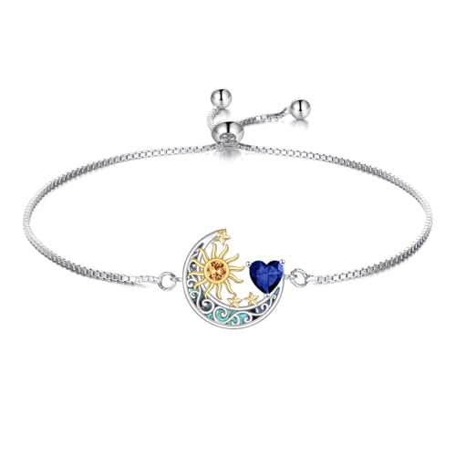 925 Sterling Silver Moon and Sun Star Adjustable Link Bracelet for Women with 12 Month Birthstone Birthday Jewelry - style: 09 - Sept.