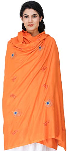 Exotic India Radhe Prayer Shawl with Embroidered Peacock Feather - PolyCotton - color: Orange Peel