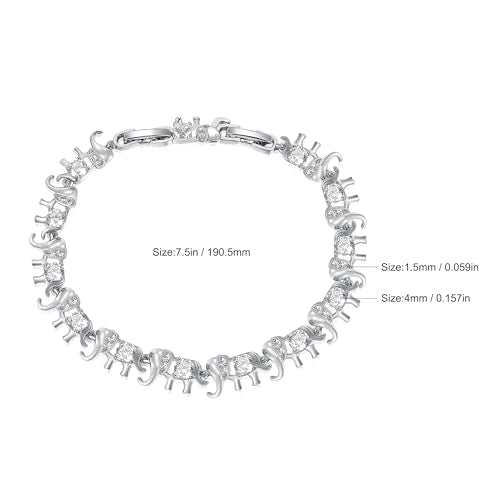 14K White/Yellow Gold Plated 4mm Cubic Zirconia Elephant Bracelet for Women Cute Animal CZ Link Chain Bracelet with Fold Over Clasp Jewelry Gift（6.5 Inch+1Inch） - color: White Gold Plated