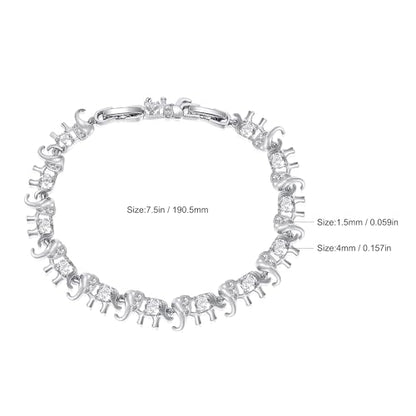 14K White/Yellow Gold Plated 4mm Cubic Zirconia Elephant Bracelet for Women Cute Animal CZ Link Chain Bracelet with Fold Over Clasp Jewelry Gift（6.5 Inch+1Inch） - color: White Gold Plated