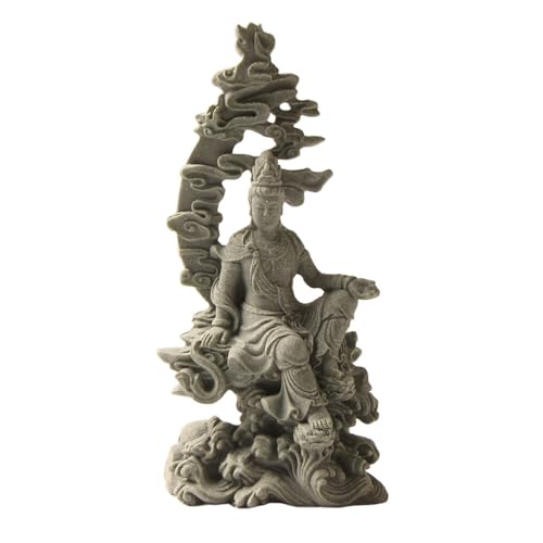 1PC Resin Green Sandstone Mixed Material Guanyin Statue, Water Moon Free Viewing Decor for Garden Bonsai Rockery, Living Room, Study, Prayer Room & Office Desk Zen Style