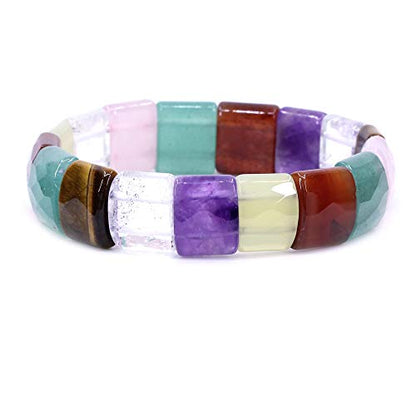 Keleny Gemstones Semi Precious 15mm Square Grain Faceted Beaded Stretch Bangle 7.5 Inch Unisex - color: Assorted Mix Stone