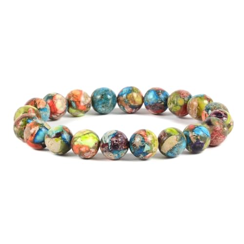 Justinstones Gem Semi Precious Gemstone 10mm Round Beads Stretch Bracelet 7 Inch Unisex - color: Dyed Multicolor Sea Sediment Jasper