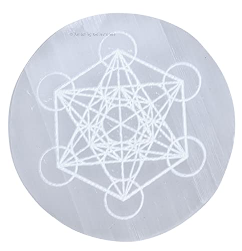 Amazing Gemstone Selenite Crystal Charging Plate For Crystals And Healing Stones, 3" Selenite Crystal Plate Engraved Metatron Coaster For Home, Office Table Decor (Selenite Round Disc) - color: Metatron