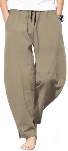 Men's Casual Cotton Linen Pants Elastic Waist Drawstring Beach Summer Lightweight Trousers - color: Army Green, size: 30