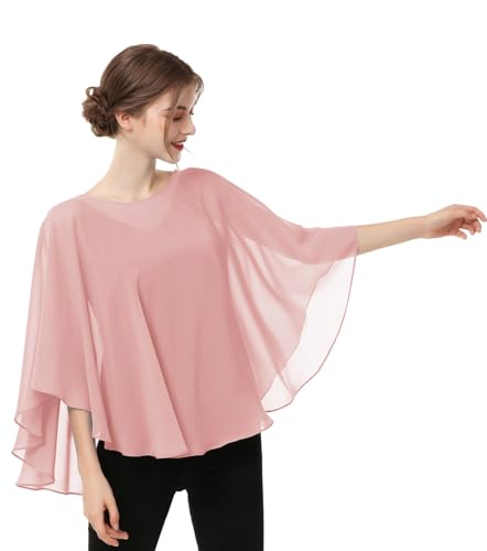 Capes for Womens Casual chiffon shawl Casual Chiffon Cape Sheer shawls and wraps Poncho Capelets Cover Up - color: Blush