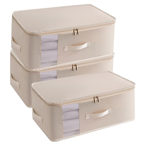 3 Pack Large Canvas Storage Bags, Zipper Closet Organizers Thick Handles Clear Window, Foldable Cotton Linen Containers for Clothes Sweater/Bedding（Oatmeal） - color: Oatmeal