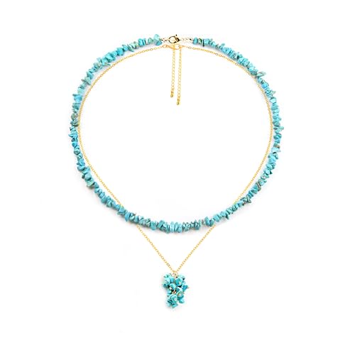 2Pcs Crystal Necklace for Women Handmade Choker Necklaces Pendant Necklace Natural Stone Gemstone Beaded Necklace 18k Gold Plated Adjustable Dainty Necklace for Women - color: Turquoise