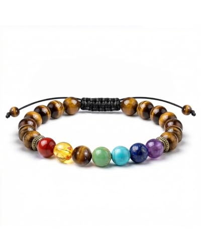 7 Chakra Lava Rock Bracelet for Men & Women - Natural Stone Essential Oil Diffuser for Anxiety Relief - 8mm Tiger Eye & Healing Crystals - Spiritual Stress Relief Jewelry Gift with Adjustable Cord - color: Colorful (Set 62)