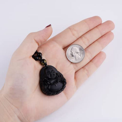 Black Obsidian Necklace Protection Pendant with Extended Bead Chain Healing Crystal Stone Amulet Necklace for Men Women - color: MaitreyaD
