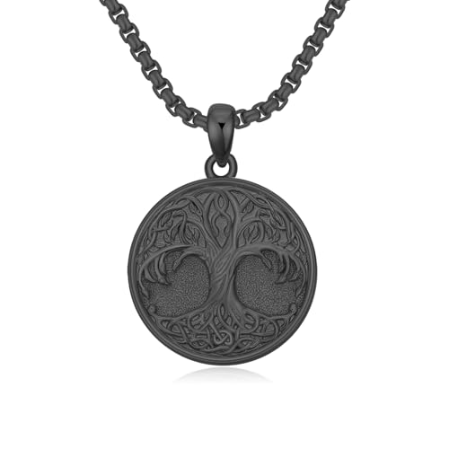 Tree of Life Necklace 925 Sterling Silver Round Tree of Life Pendant Jewelry for Men Women, w/Stainless Steel Chain 22''+2'' - style: A02-Black