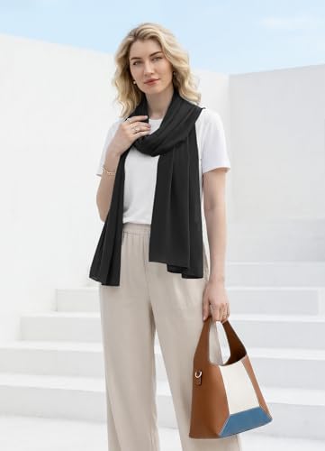 Women's Wool Blend Travel Scarf Lightweight Breathable Wrap Pashmina Airplane Blanket Shawl - color: Black