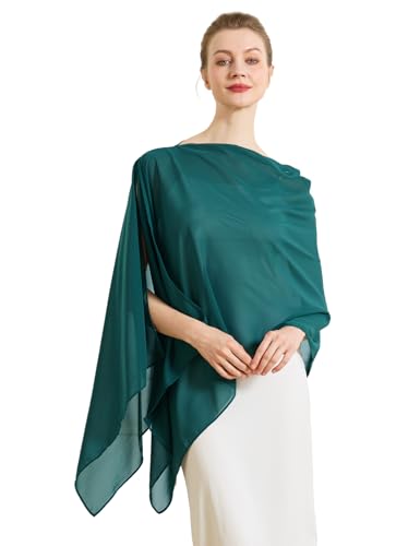 Chiffon Cape Shawl Wrap Scarf 3 Ways to Wear Elegant Sheer Capelet for Evening Dresses Weddings Parties - color: Teal Blue