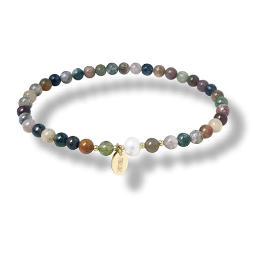 Morchic 4mm Natural Gemstone Beads Stretch Bracelet for Women, With Freshwater Pearls, Energy Gem Birthday Gift for Her 7.2” - color: India Agate
