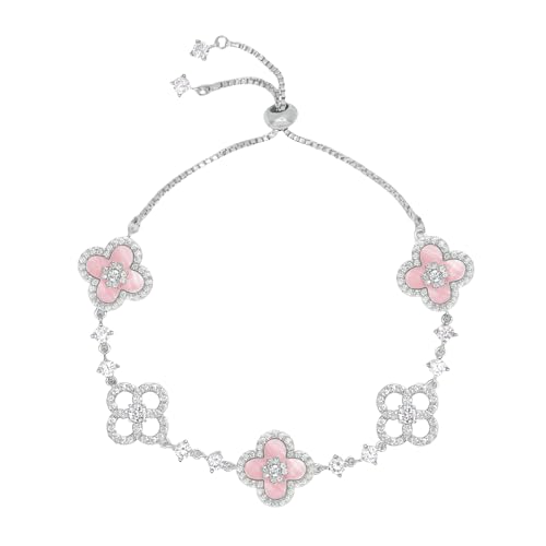 Aura & Irena Adjustable 18K Platinum Plated Clover Bracelets for Women - Mother of Pearl Non-Bangle Bracelet with 3A Cubic Zirconia, Valentine's Day Hypoallergenic Gift - color: SILVER B
