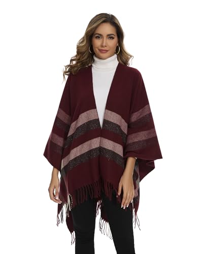 Shawl Wraps for Women, Elegant Knitted Cape Open Front Poncho Scarf Blanket Cardigan Coat for Spring, Autumn, and Winter - color: Red Beige