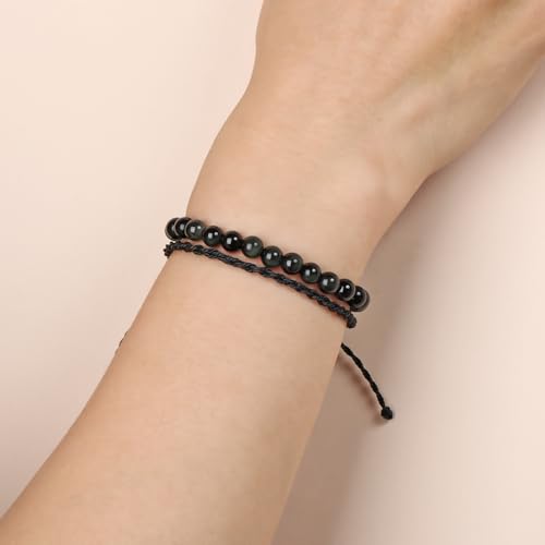 QOGIR 2pcs Handmade Healing Bracelet, Natural Gem Stone Crystal Elastic Bracelet - color: Black Obsidian(Self - Reflection), size: 6mm