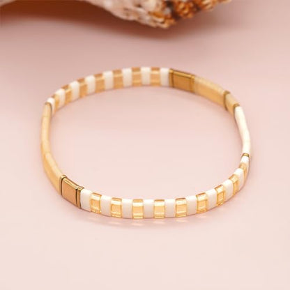 Tila Beaded Stretch Strand Bracelets for Women, Cute Boho Stackable Handmade Colorful Mixed Flat Square Beads Elastic Beach Surfer Bracelet Trendy Jewelry Friend Gift - color: 0901B