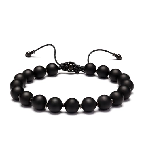 Men’s Beaded Bracelet Adjustable, Natural Texture Beads with Stainless Steel Spacers, Braided Cord, Minimal Everyday Bracelet for Men & Women - color: Matte Black 8mm