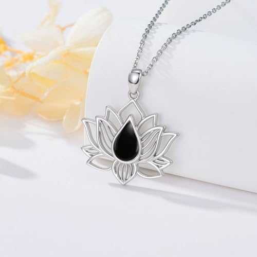Lotus Necklaces for Women 925 Sterling Silver 7 Chakra/Yin Yang Pendant Necklace Spiritual Lotus Jewelry Birthday Yoga Gifts - style: Black Onyx-Lotus