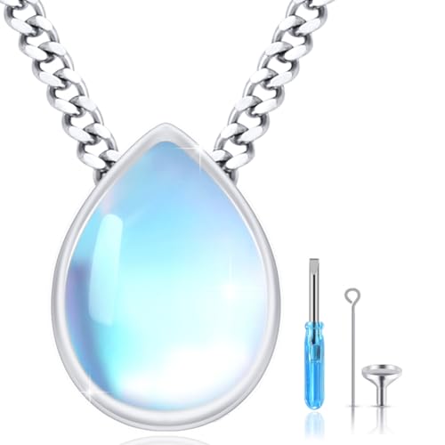 Urn Necklace for Ashes 925 Sterling Silver Cremation Pendant Horse/Dragon/Owl/Moonstone/Opal/Turquoise/Moss Agate/Malachite Keepsake Memorial Jewelry for Women Men - style: Moonstone