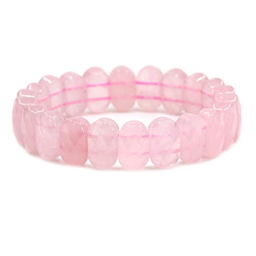 Keleny Semi Precious Stones 14mm Faceted Oval Beads Crystal Rock Elastic Bangle 7.5 Inch - color: A Grade Rose Quartz