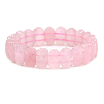 Keleny Semi Precious Stones 14mm Faceted Oval Beads Crystal Rock Elastic Bangle 7.5 Inch - color: A Grade Rose Quartz