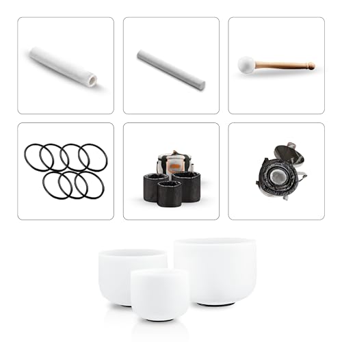 RYAN DVAN 432Hz Crystal Singing Bowl Set of 3, 6" B Crown, 8" A Third Eye, 10" G Throat Bowls,Quartz Chakra Sound Bowls for Meditation & Healing, with Case, Mallet, Suede Striker & O-Rings - color: White (6B+8A+10G), size: 6-10 Inch 432Hz