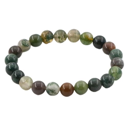 Natural Gemstones Bracelet 8mm Chakra Round Beads Energy Power Crystal Reiki Healing Elastic Stretch 7 Inch for Women Men Unisex - color: Indian Agate