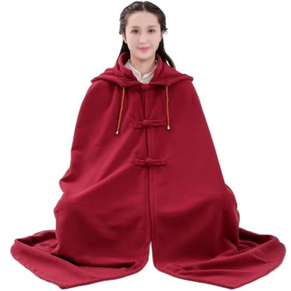 Meditation Buddhist Hooded Cloak Zen Robe Men Women Soft Warm Fleece Hooded Cape for Yoga Lounge Wear Holiday - color: Red, size: Medium