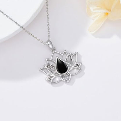 Lotus Necklaces for Women 925 Sterling Silver 7 Chakra/Yin Yang Pendant Necklace Spiritual Lotus Jewelry Birthday Yoga Gifts - style: Black Onyx-Lotus