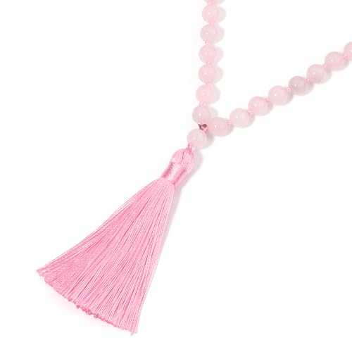 8MM Beads Chakra Long Mala Necklace Natural Stone Meditation Statement Necklace Japa Yoga Buddhist Rosary Prayer Charm Beaded Tassel Necklace - color: Rose Quartz