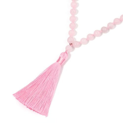 8MM Beads Chakra Long Mala Necklace Natural Stone Meditation Statement Necklace Japa Yoga Buddhist Rosary Prayer Charm Beaded Tassel Necklace - color: Rose Quartz
